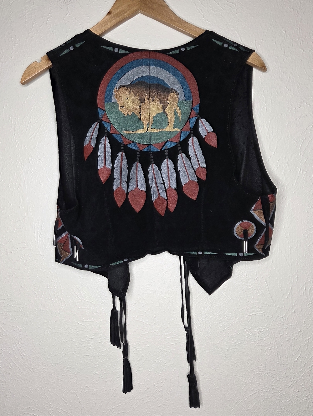 Vintage Santa Fe Leather Vest Buffalo Dreamcatcher Western Boho Fringe Suede M